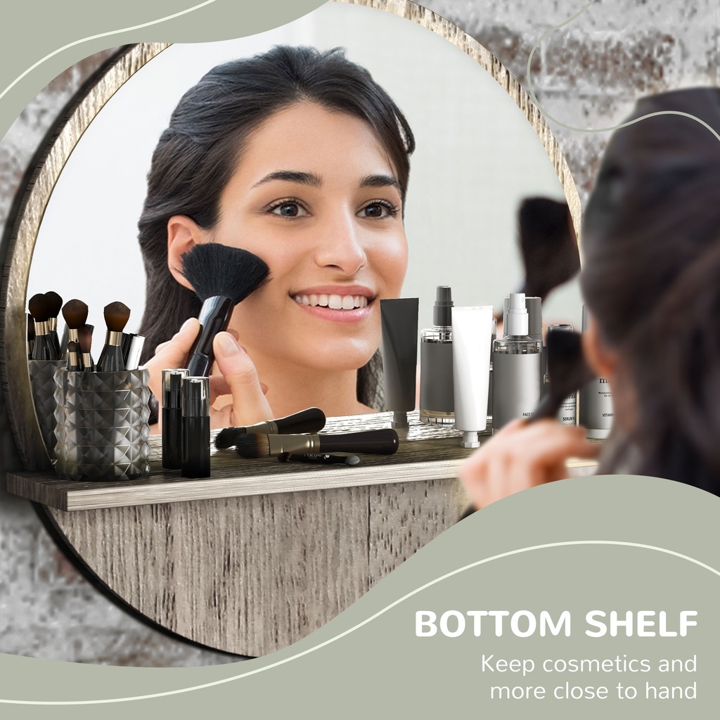 Kleankin 45cm Round Mirror with Shelf Grey Wood-Effect image 4