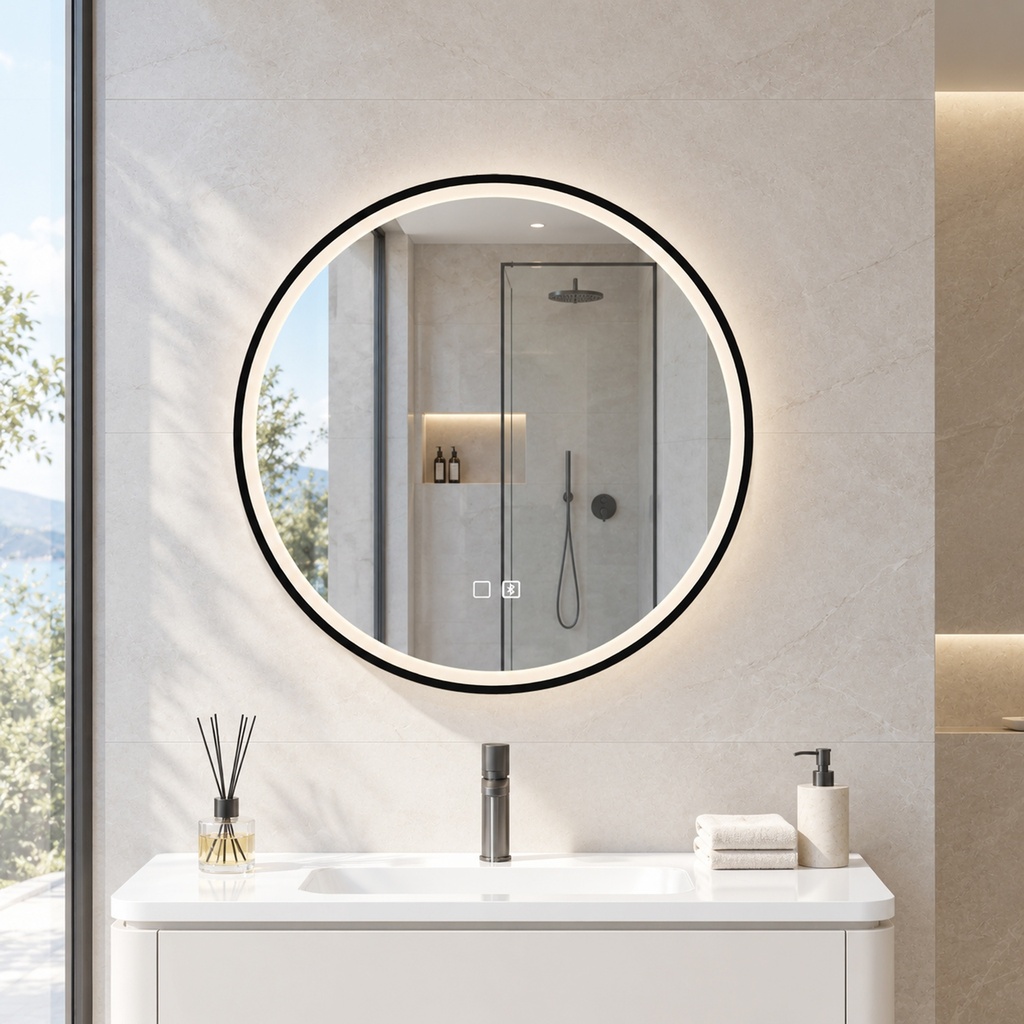 LED Bathroom Mirror 60cm Round Anti-Fog Bluetooth Black image 2