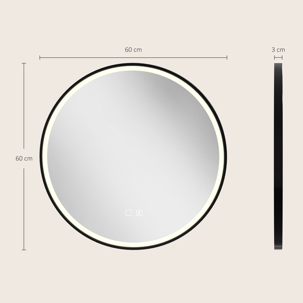 LED Bathroom Mirror 60cm Round Anti-Fog Bluetooth Black image 3