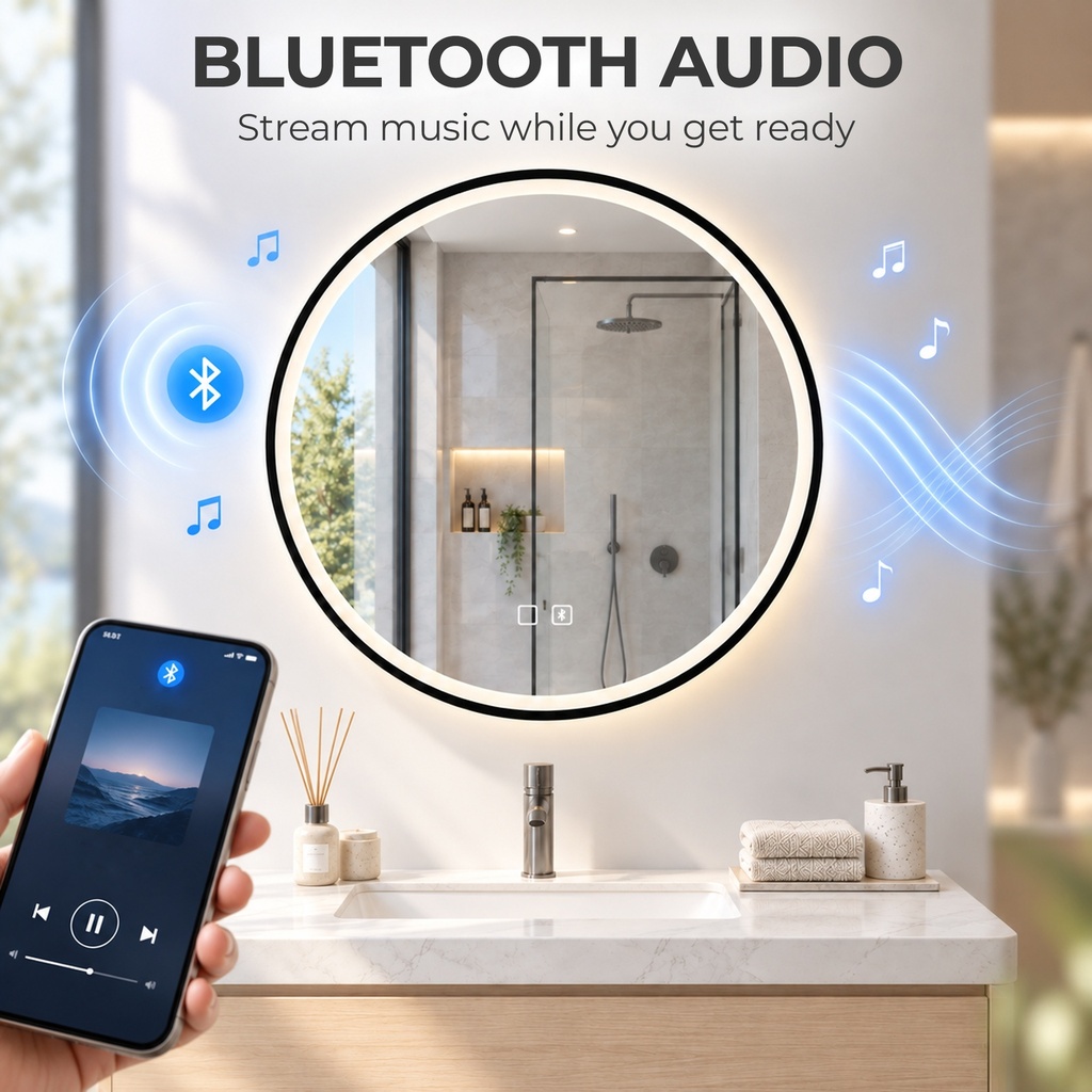 LED Bathroom Mirror 60cm Round Anti-Fog Bluetooth Black image 4