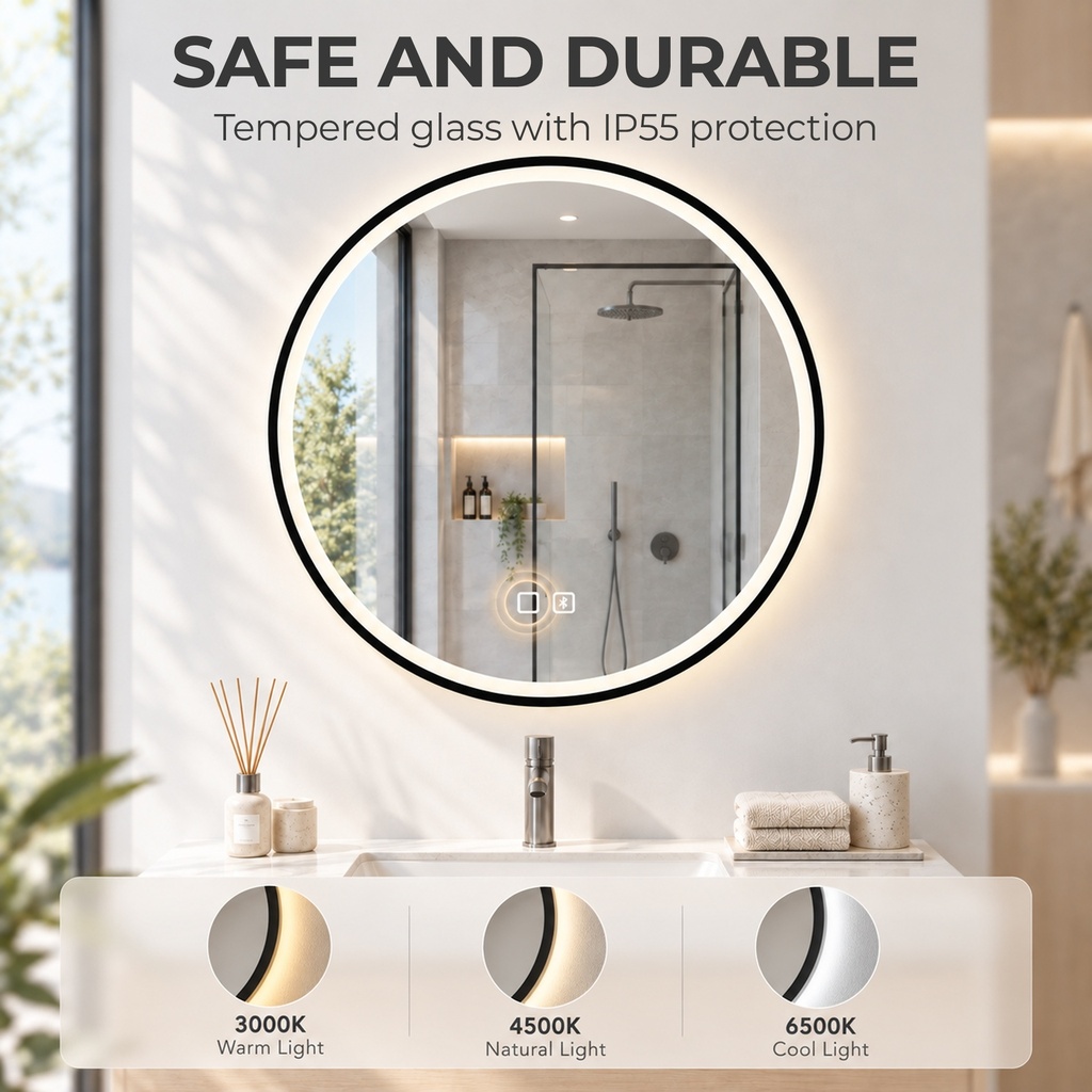 LED Bathroom Mirror 60cm Round Anti-Fog Bluetooth Black image 5
