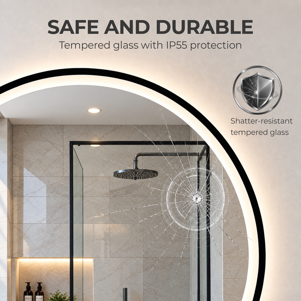 LED Bathroom Mirror 60cm Round Anti-Fog Bluetooth Black image 6