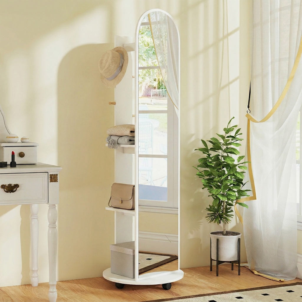 Full-Length Mirror with Storage Shelves & Wheels White image 2