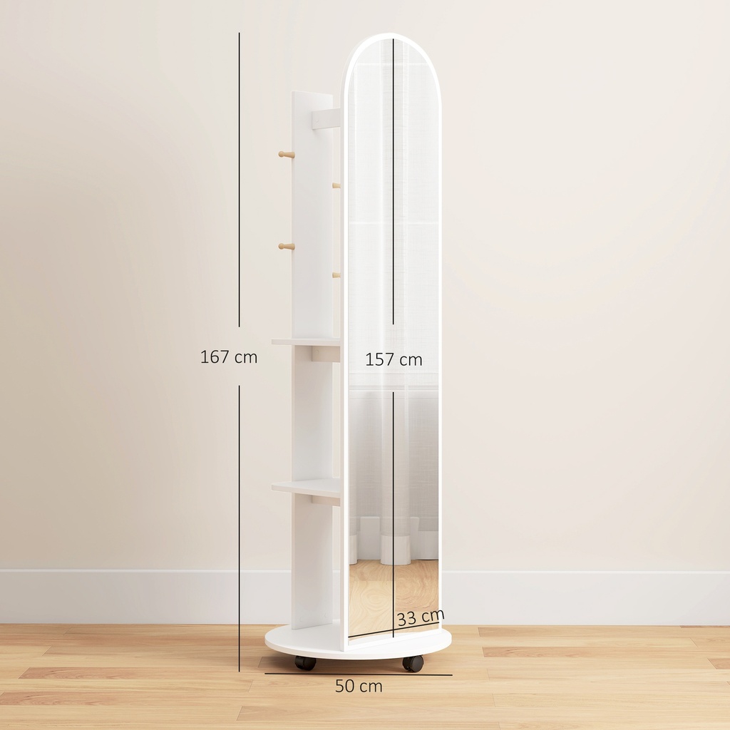 Full-Length Mirror with Storage Shelves & Wheels White image 3