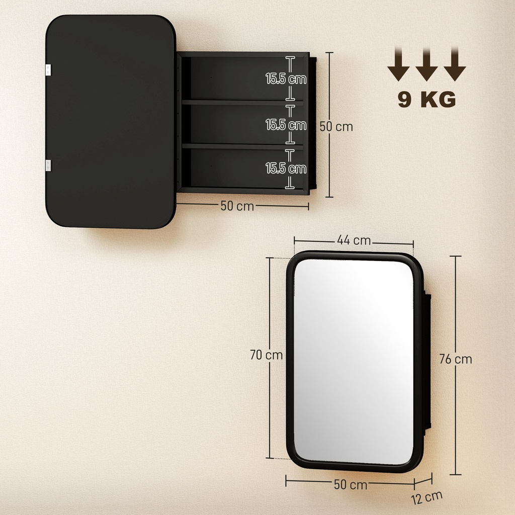 Wall Cabinet with Mirror 3 Shelves Black image 3