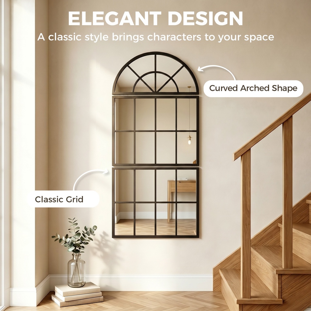Arched Wall Mirror Metal Grid 3-Piece 120x54cm Black image 4