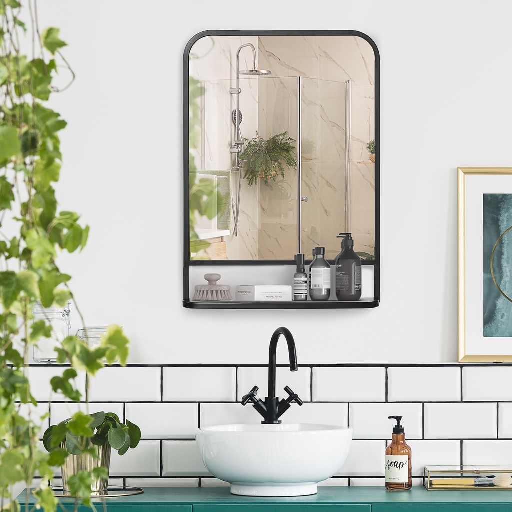 Modern Wall Mirror with Shelf Black 70x50 cm image 2