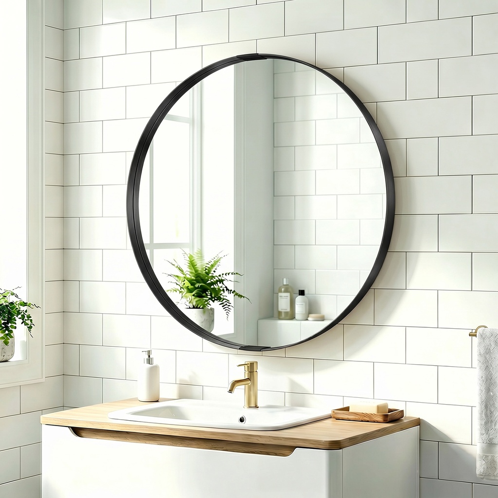 Round Wall Mirror 61cm Aluminium Frame Wall-Mounted Black image 2