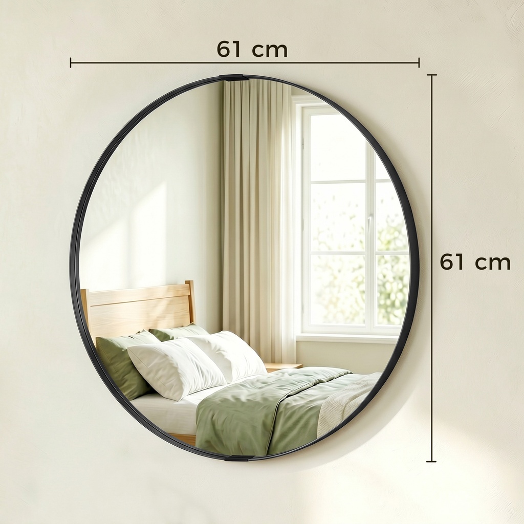 Round Wall Mirror 61cm Aluminium Frame Wall-Mounted Black image 3
