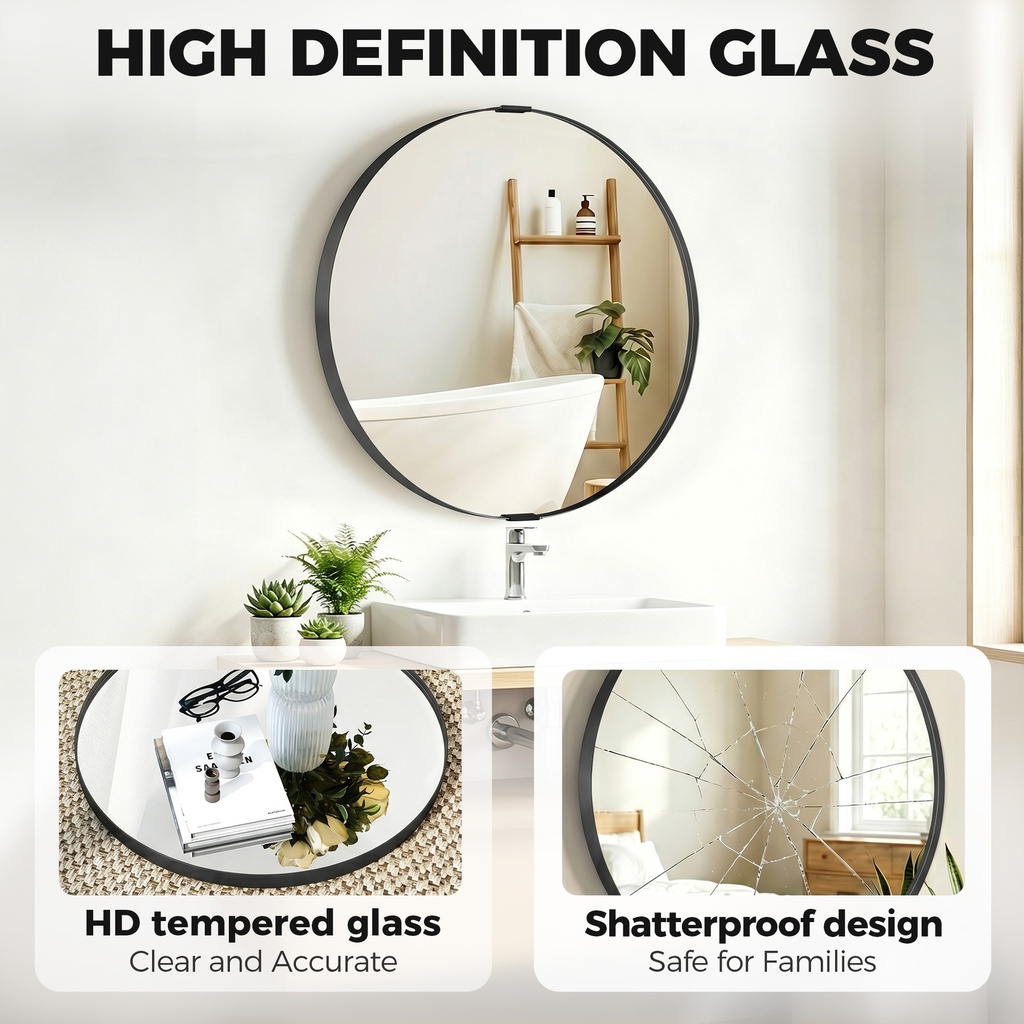Round Wall Mirror 61cm Aluminium Frame Wall-Mounted Black image 5