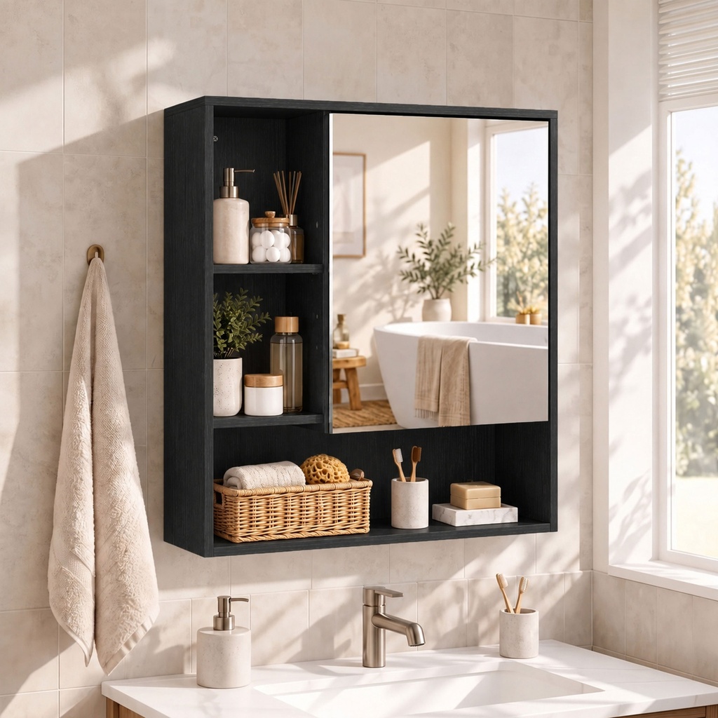 Wall-Mounted Mirror Cabinet Adjustable Shelves Black image 2