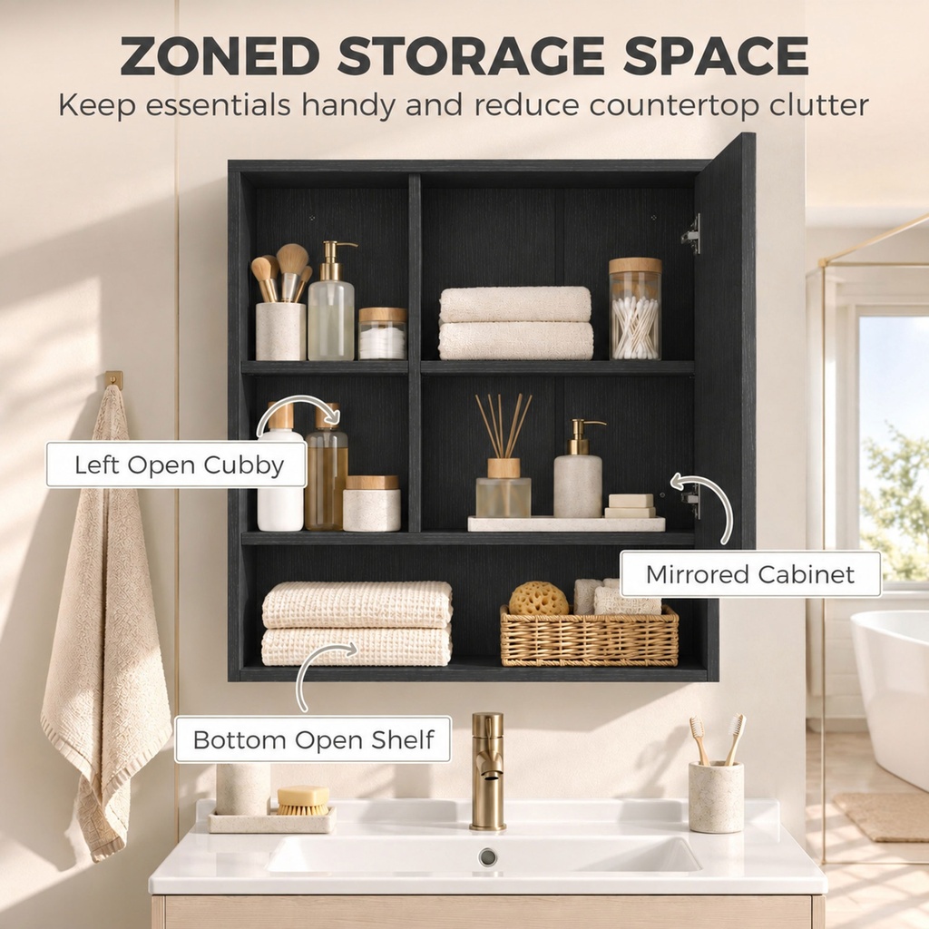 Wall-Mounted Mirror Cabinet Adjustable Shelves Black image 5