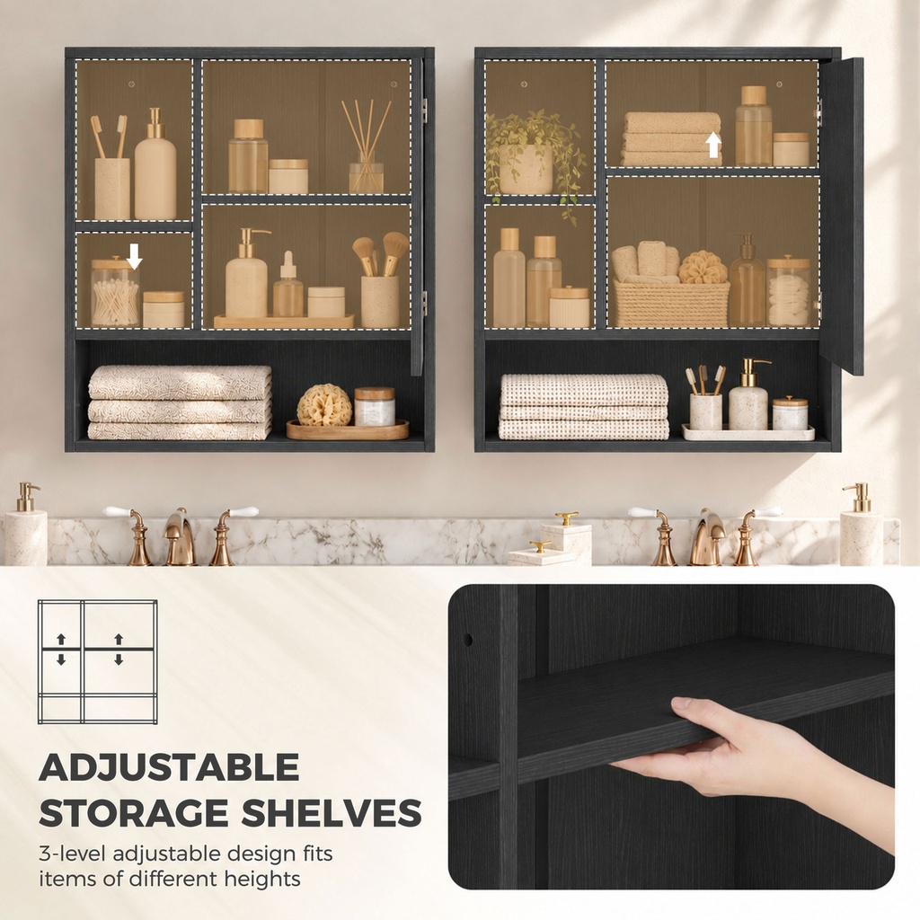 Wall-Mounted Mirror Cabinet Adjustable Shelves Black image 6