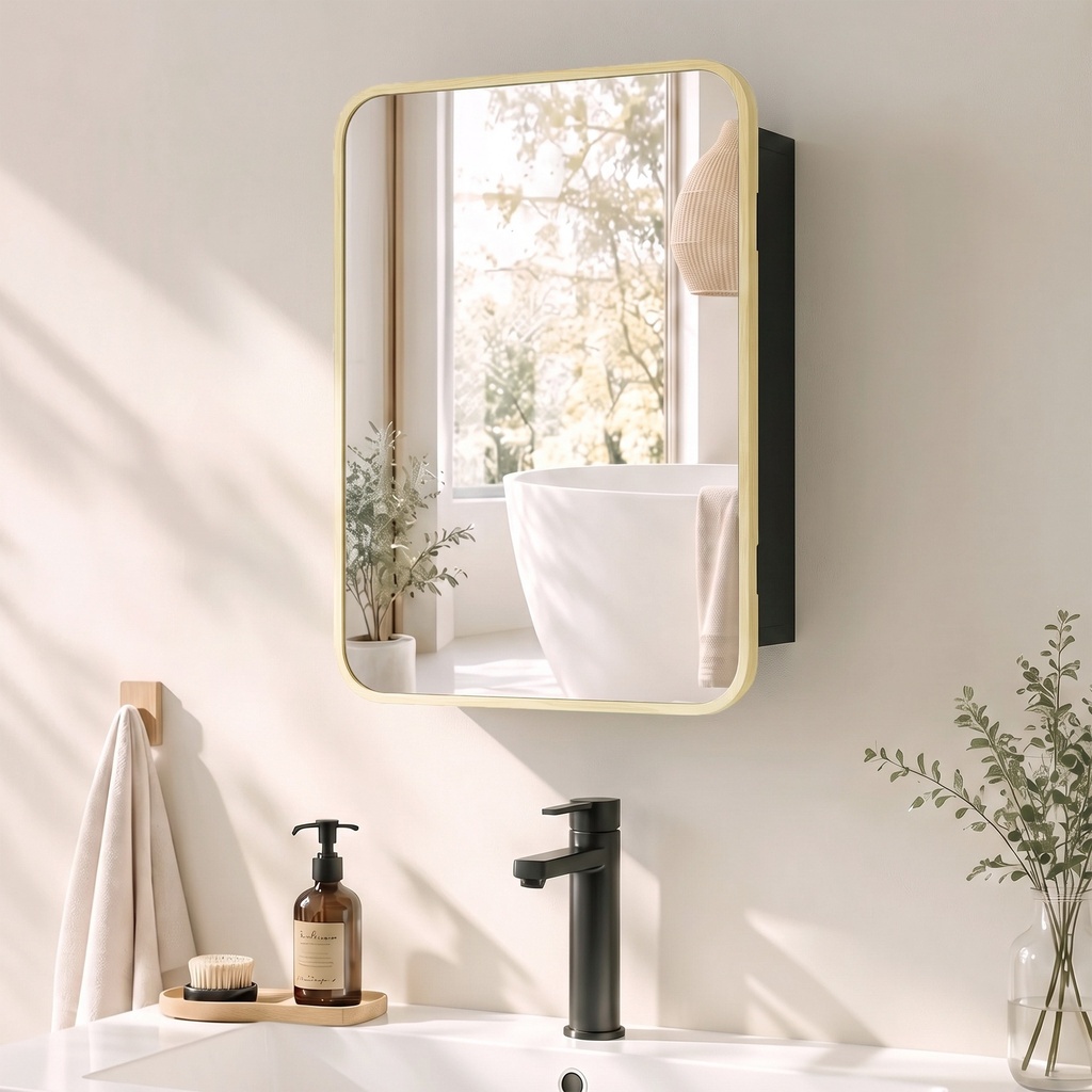 Mirror Medicine Cabinet Wood Wall-Mounted Adjustable Natural image 2