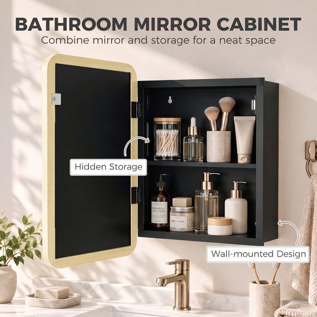 Mirror Medicine Cabinet Wood Wall-Mounted Adjustable Natural image 4