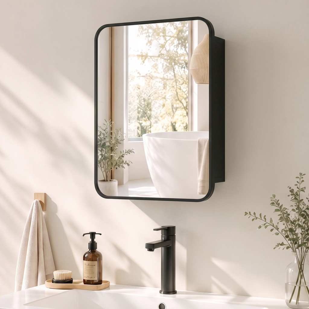 Medicine Mirror Cabinet Wall Storage Adjustable Shelf Black image 2