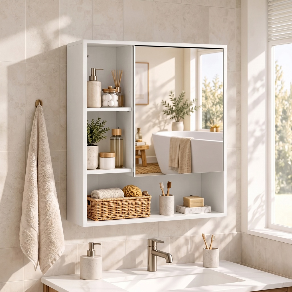 Wall-Mounted Mirror Cabinet Adjustable Shelves White image 2