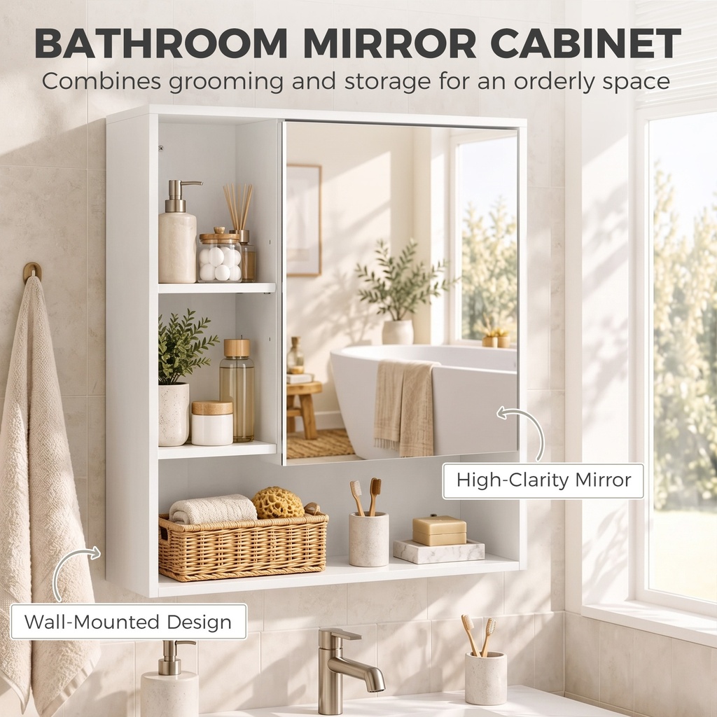 Wall-Mounted Mirror Cabinet Adjustable Shelves White image 4