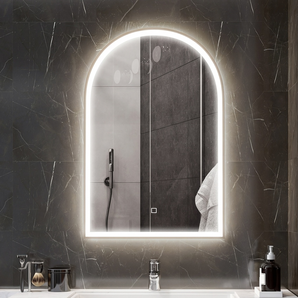 LED Arched Bathroom Mirror Anti-Fog 90x60cm Gold image 2