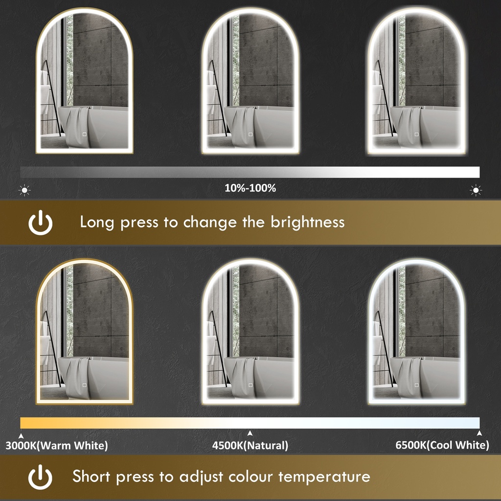 LED Arched Bathroom Mirror Anti-Fog 90x60cm Gold image 4