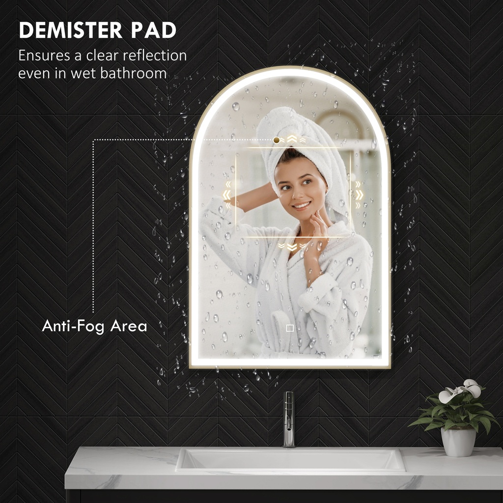 LED Arched Bathroom Mirror Anti-Fog 90x60cm Gold image 5