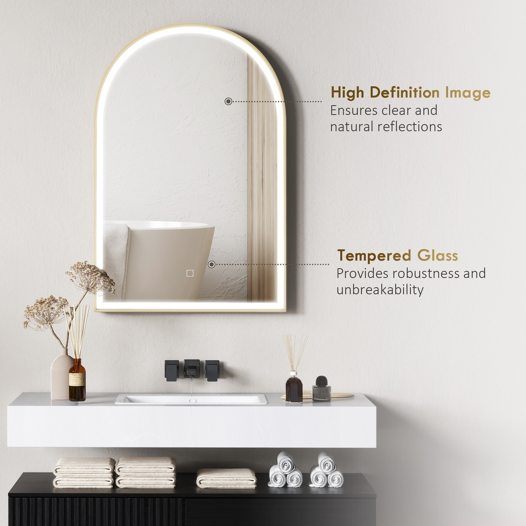 LED Arched Bathroom Mirror Anti-Fog 90x60cm Gold image 6
