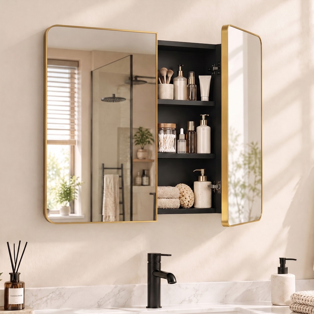 Mirror Cabinet Wall-Mounted Adjustable Shelves Gold 76cm image 2