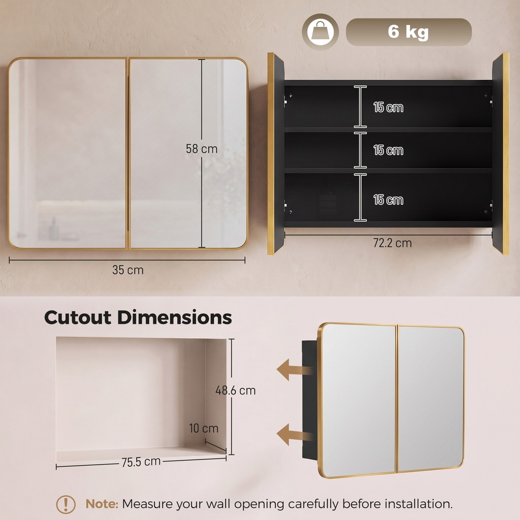 Mirror Cabinet Wall-Mounted Adjustable Shelves Gold 76cm image 3