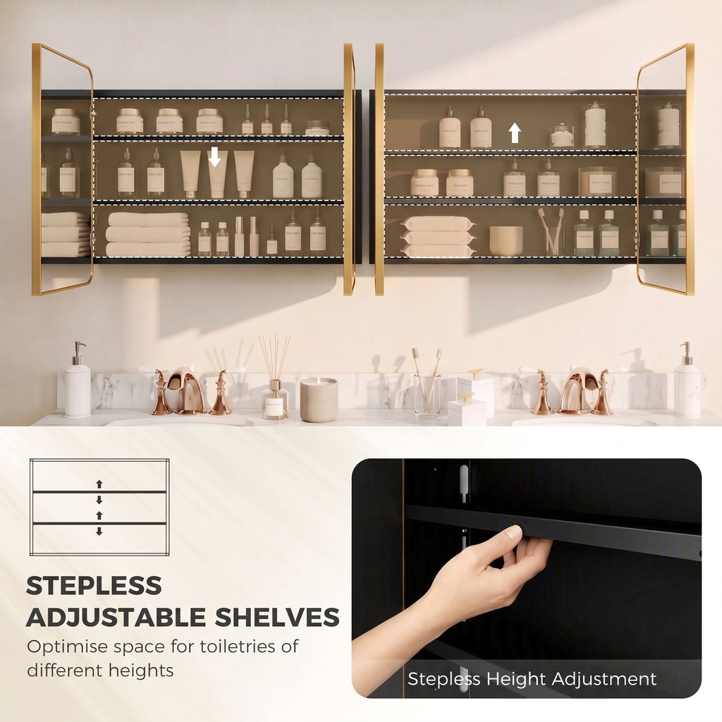 Mirror Cabinet Wall-Mounted Adjustable Shelves Gold 76cm image 6