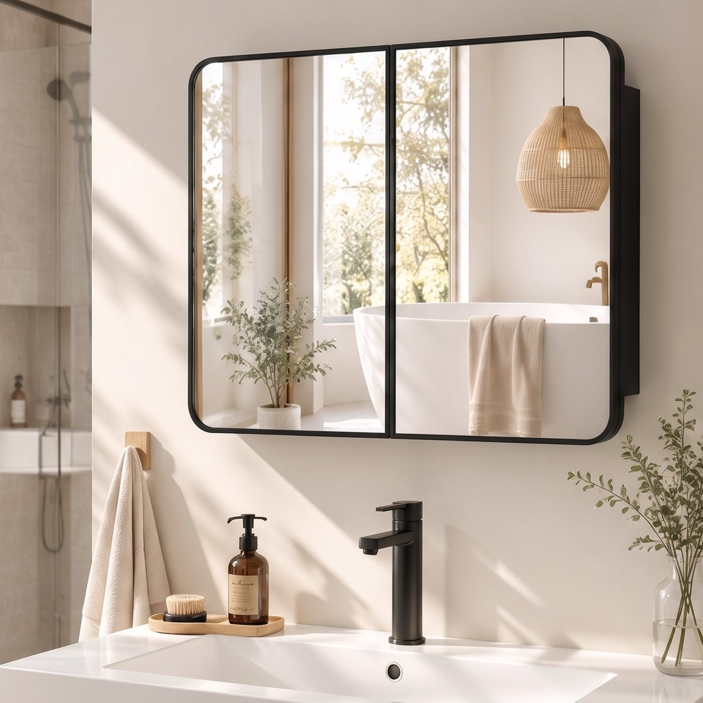Bathroom Mirror Cabinet Wall-Mounted Adjustable Black 76cm image 2