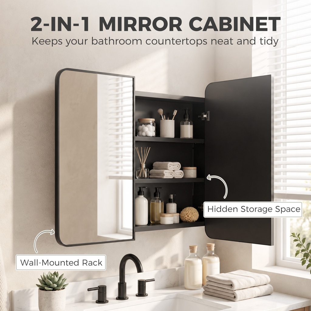 Bathroom Mirror Cabinet Wall-Mounted Adjustable Black 76cm image 4