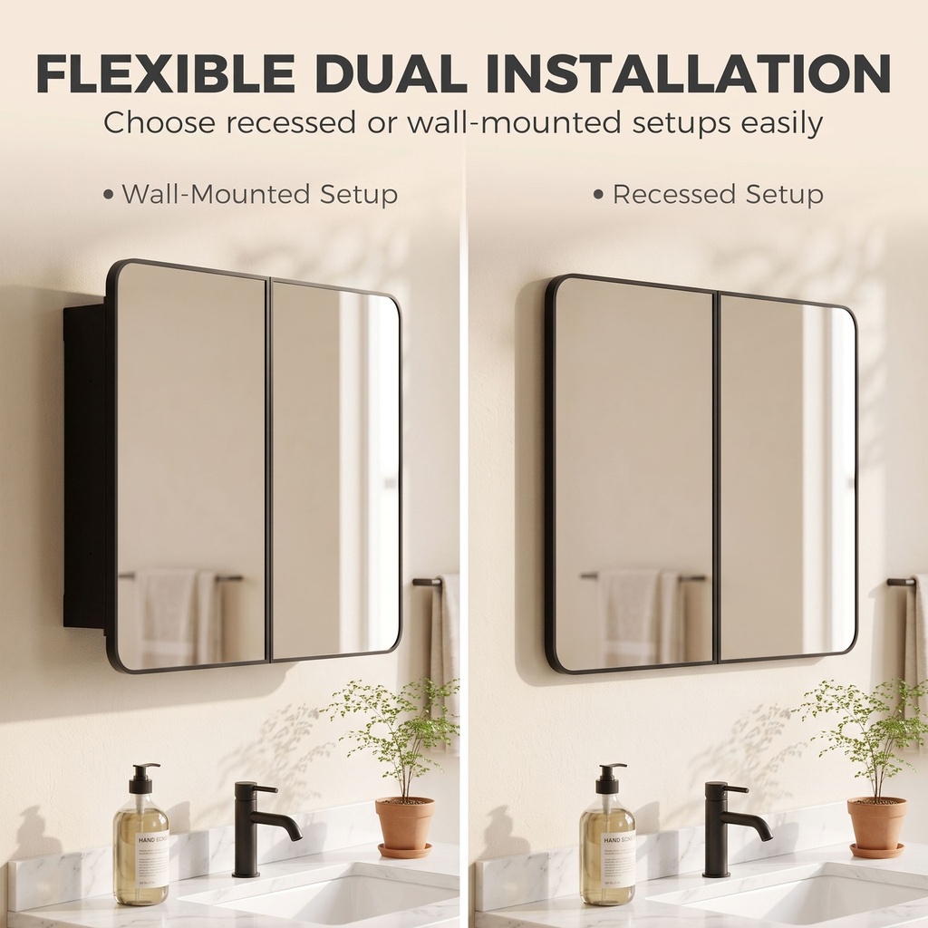 Bathroom Mirror Cabinet Wall-Mounted Adjustable Black 76cm image 5