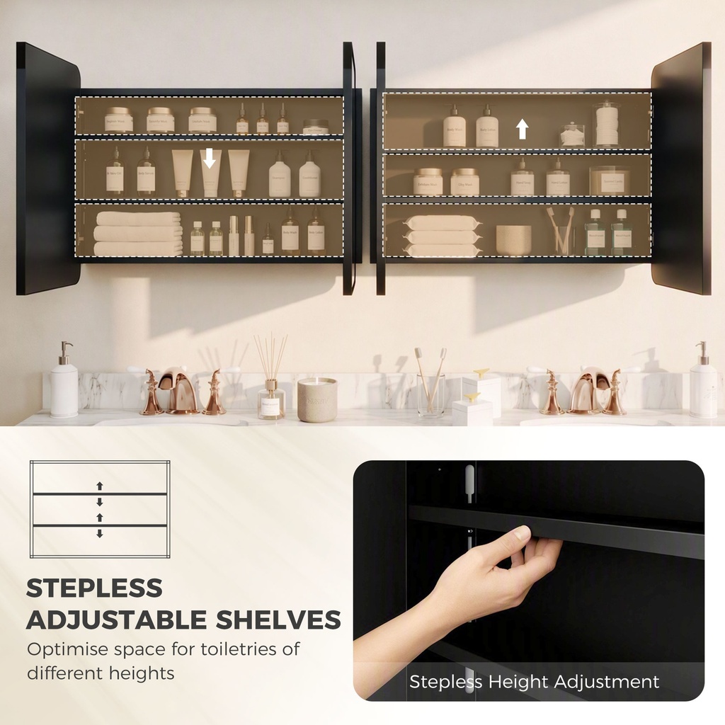 Bathroom Mirror Cabinet Wall-Mounted Adjustable Black 76cm image 6