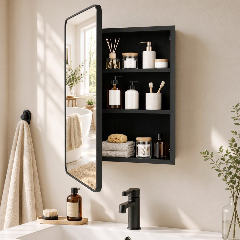 Wall Mirror Cabinet Adjustable Shelves Black 50.8x11.6x71cm image 2