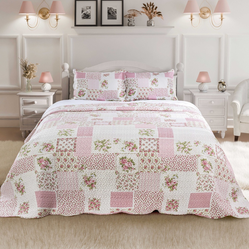 Devon - Quilted Patchwork Bedspread Set in Pink - Image 2