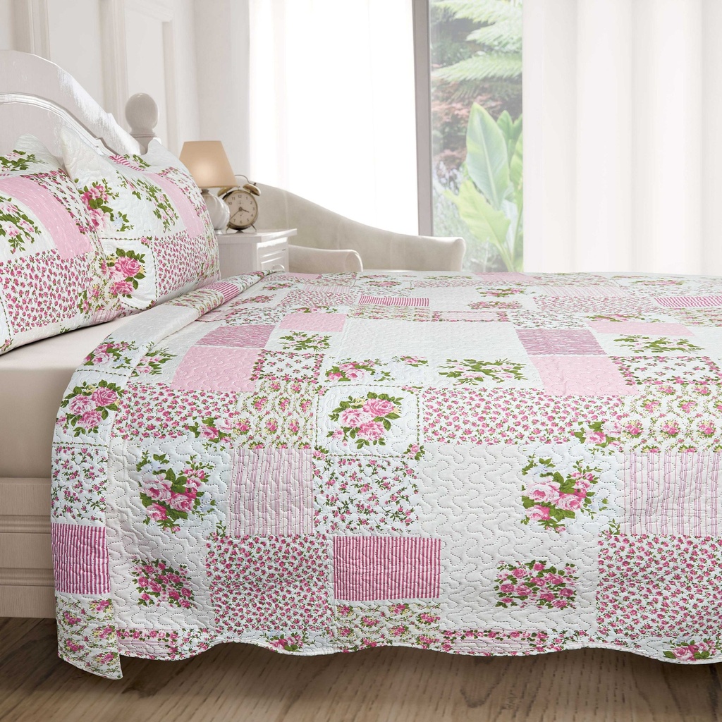 Devon - Quilted Patchwork Bedspread Set in Pink - Image 7