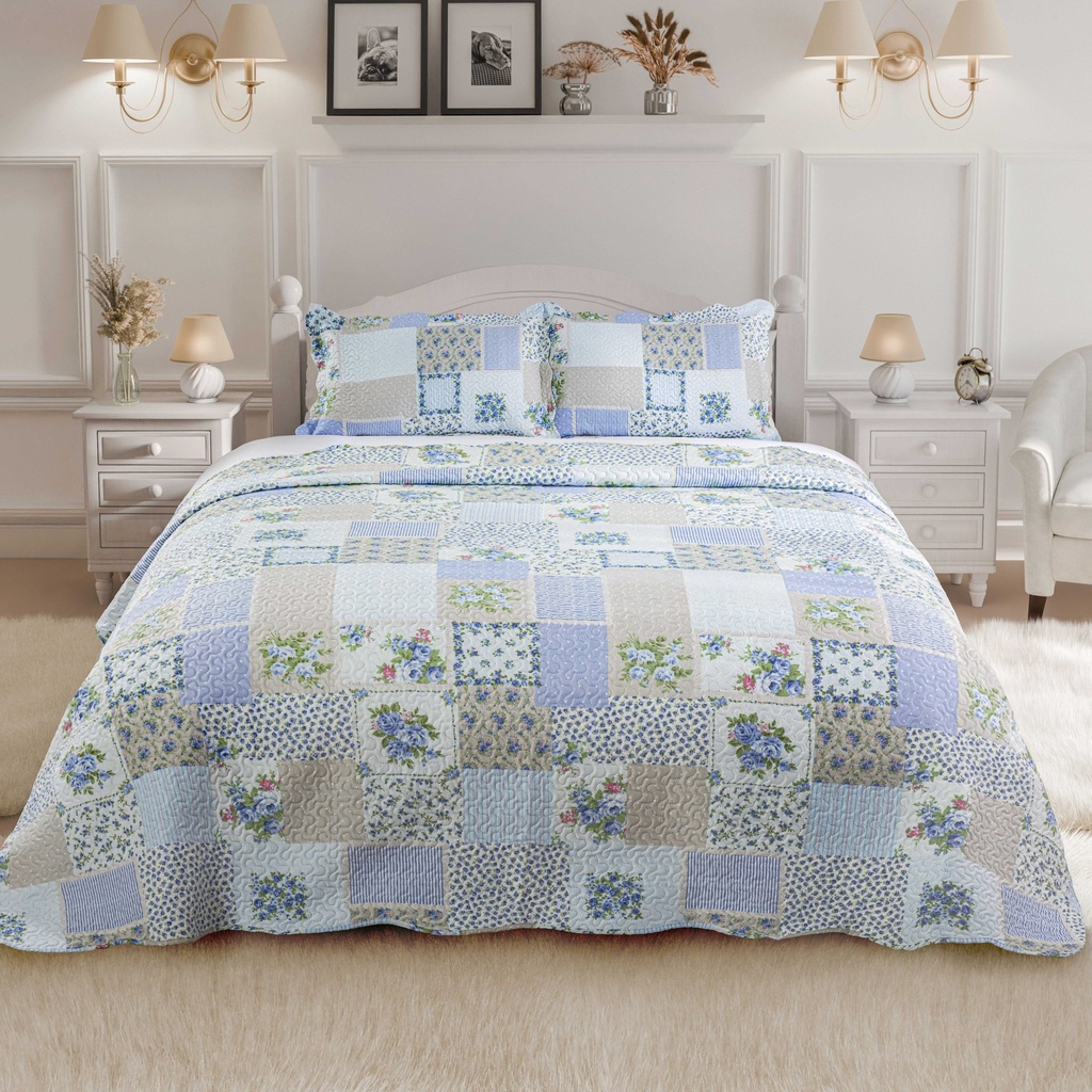 Devon - Quilted Patchwork Bedspread Set in Blue - Image 2