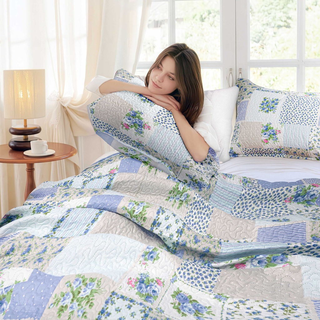 Devon - Quilted Patchwork Bedspread Set in Blue - Image 3
