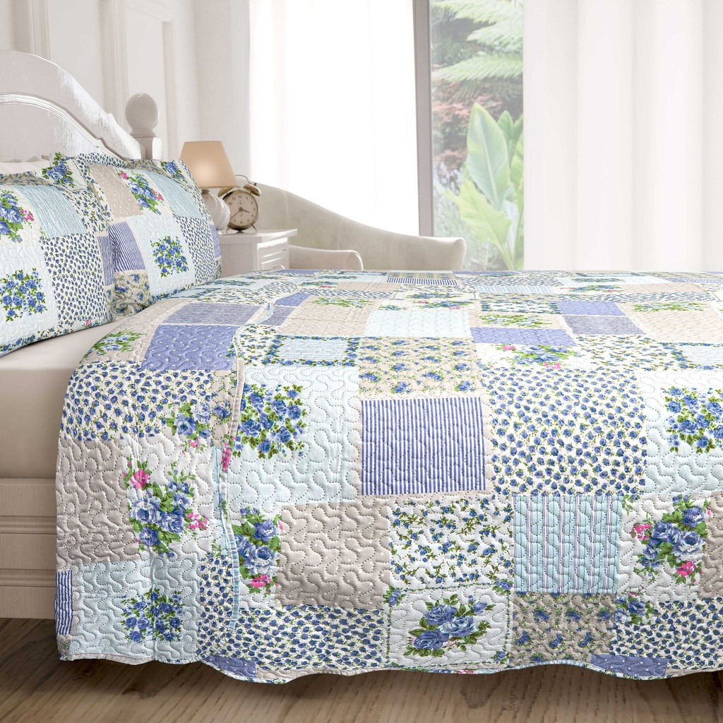 Devon - Quilted Patchwork Bedspread Set in Blue - Image 7