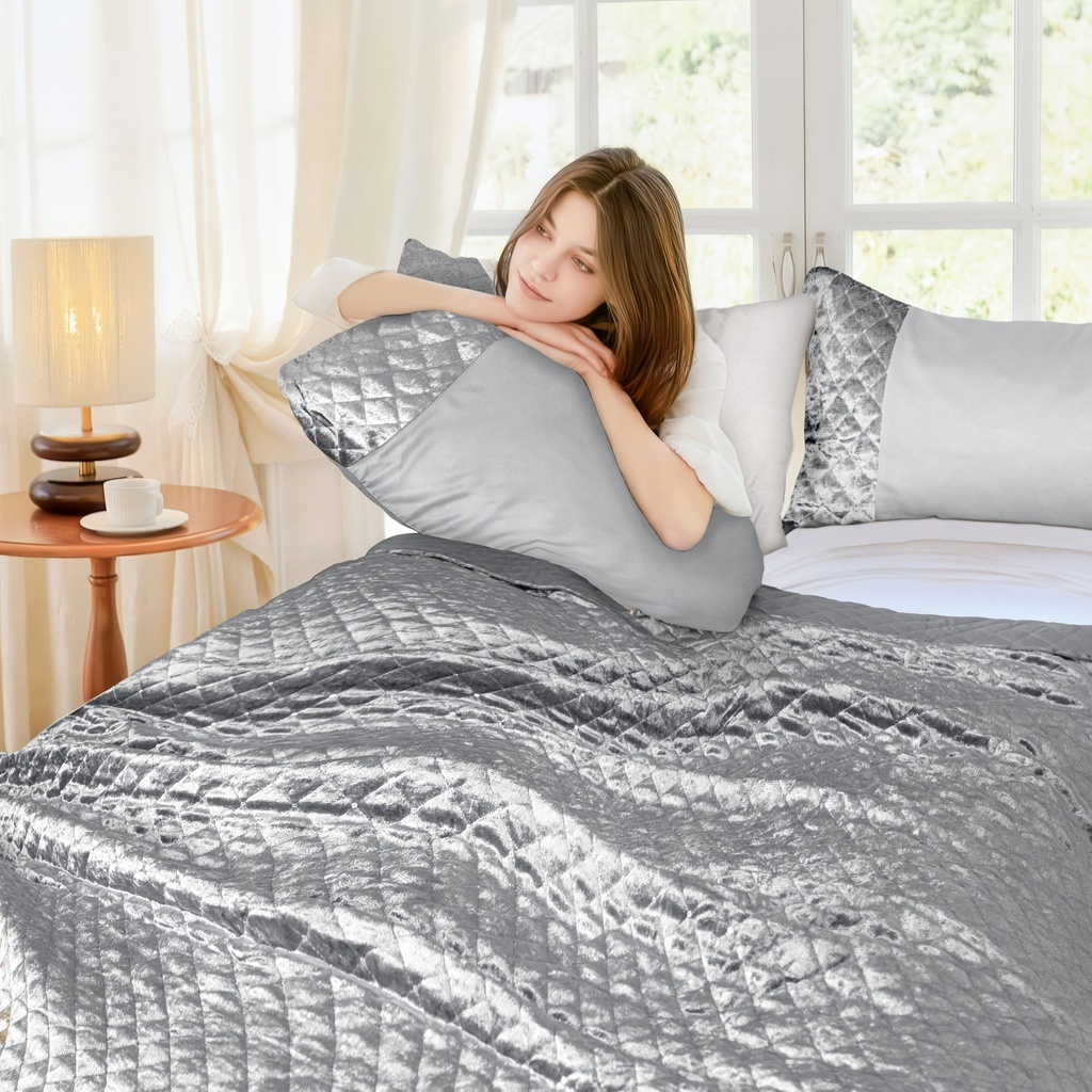 Elysium Collection - Quilted Sequin Velvet Bedspread Set in Silver - Image 2