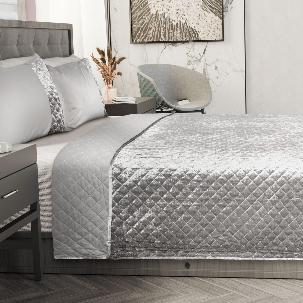 Elysium Collection - Quilted Sequin Velvet Bedspread Set in Silver - Image 4