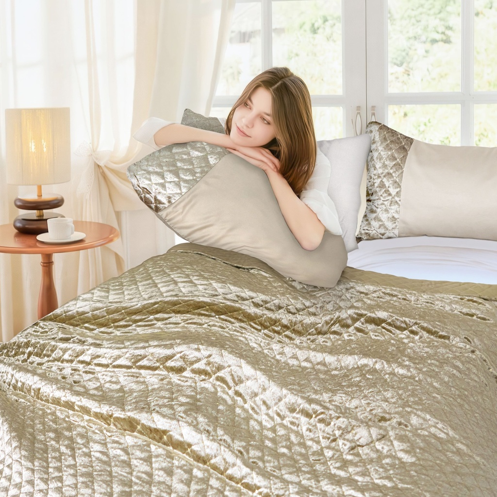 Elysium Collection - Quilted Sequin Velvet Bedspread Set in Mink - Image 2