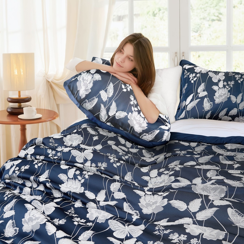 Meadows Collection - Embellished Jacquard Quilted Bedspread Set in Navy - Image 3