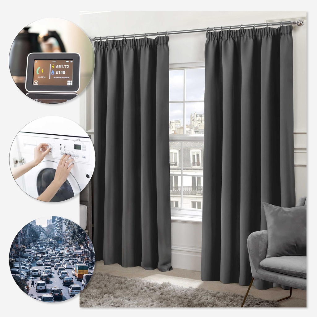 Essential Blackout Collection - Woven Thermal Blackout Pencil Pleat Curtains in Charcoal - Image 3