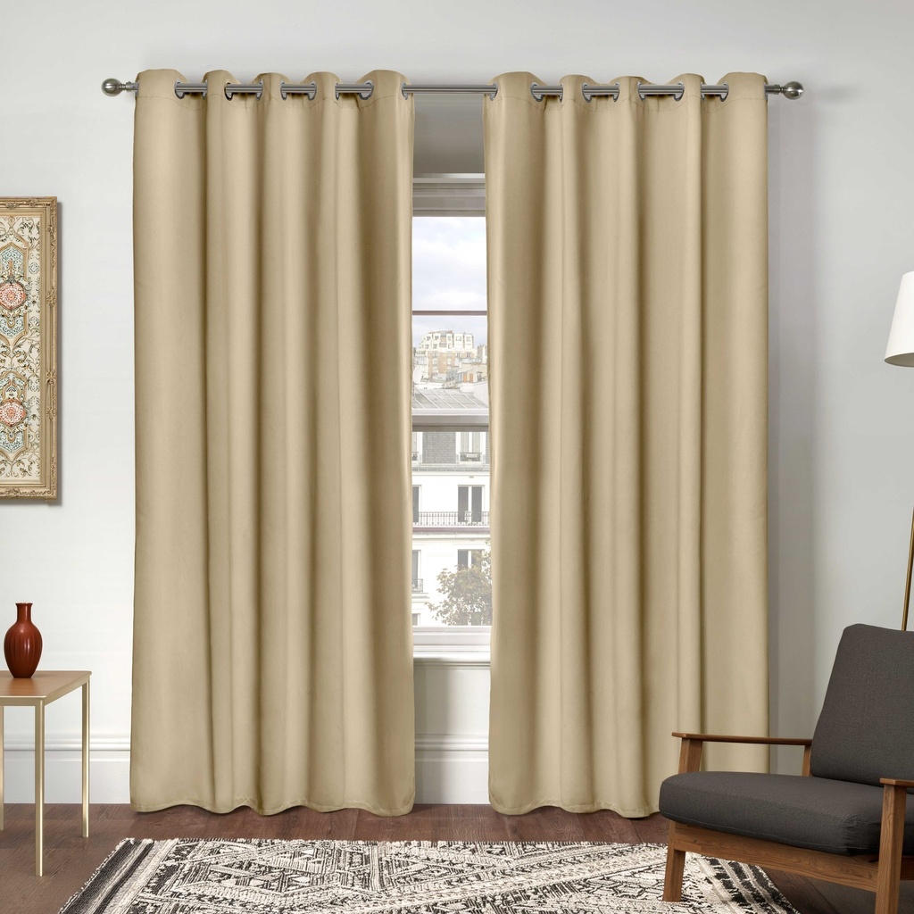 Essential Blackout Collection - Woven Blackout Eyelet Curtains in Beige - Image 3