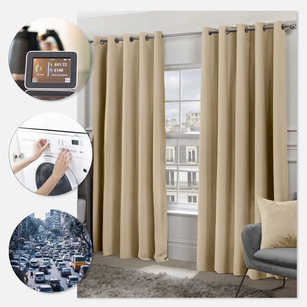 Essential Blackout Collection - Woven Blackout Eyelet Curtains in Beige - Image 4
