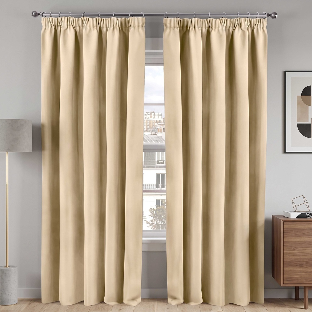 Essential Blackout Collection - Woven Blackout Pencil Pleat Curtains in Beige - Image 2