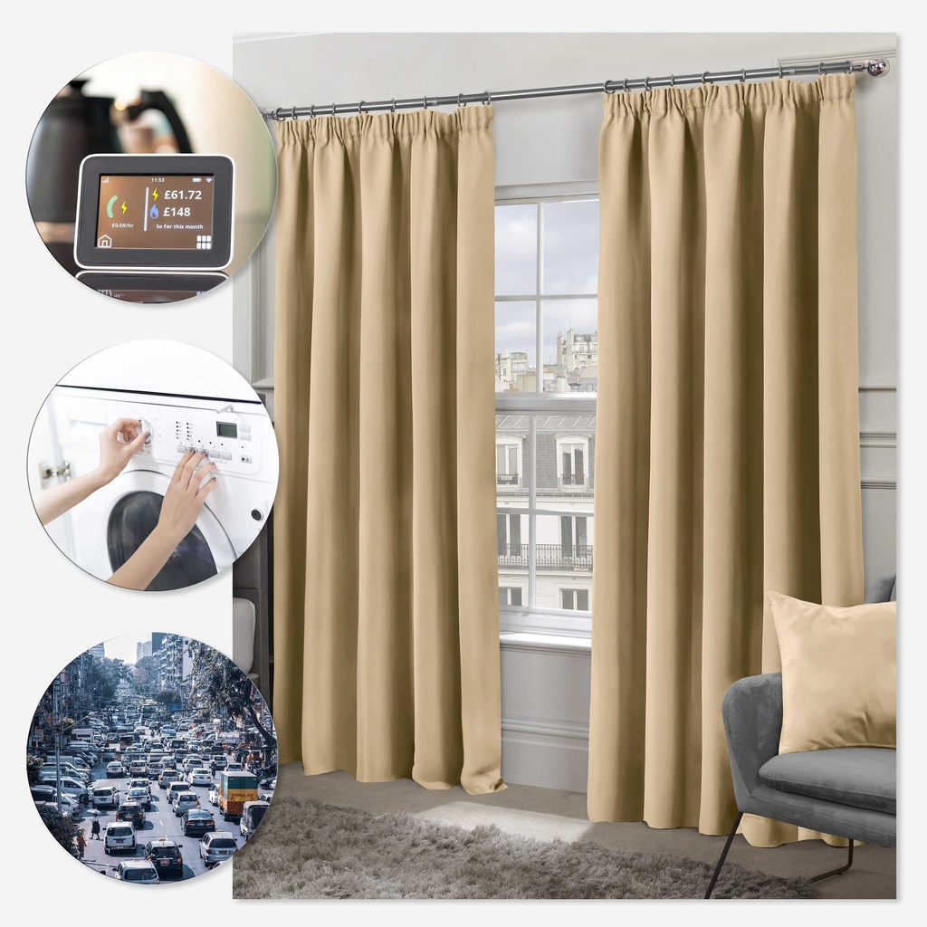 Essential Blackout Collection - Woven Blackout Pencil Pleat Curtains in Beige - Image 5