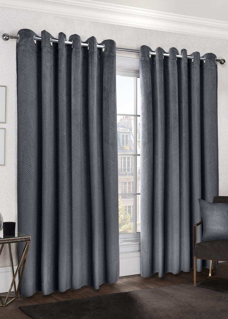 Deco Collection - Embossed Velvet Woven Thermal Blackout Eyelet Curtains in Charcoal - Image 2
