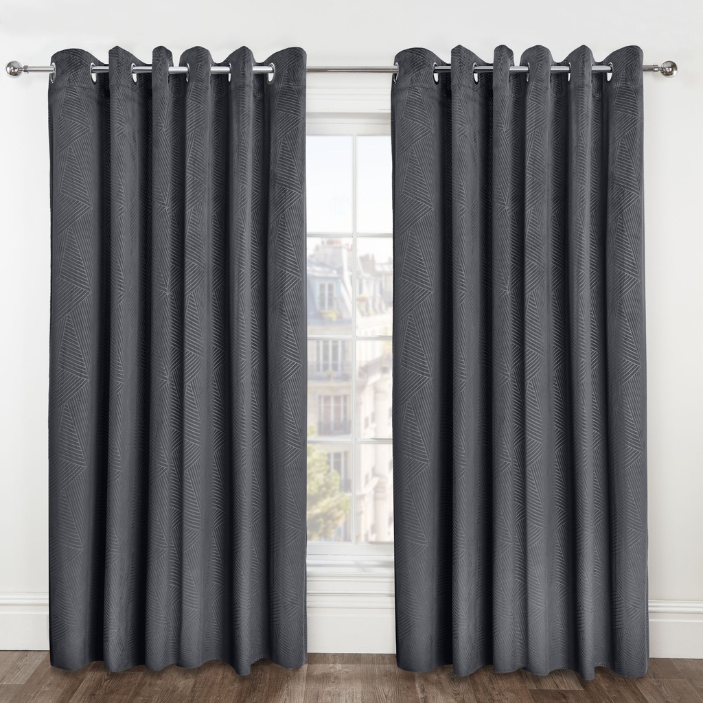 Deco Collection - Embossed Velvet Woven Thermal Blackout Eyelet Curtains in Charcoal - Image 5